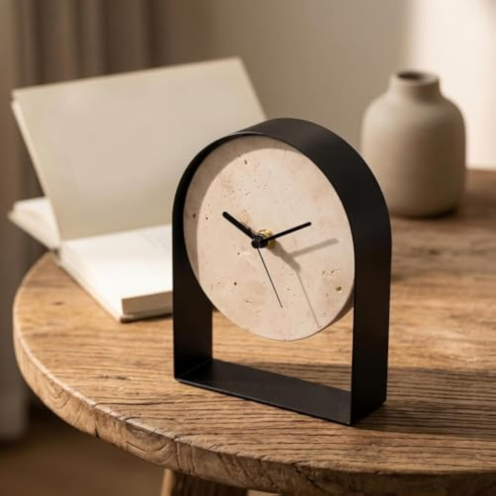 Clock with Stone Face, Compact Arched Mantel Design