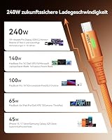 INIU 240W USB C Kabel, [2Pack, Orange, 2m] PD Schnellladekabel USB C auf USB C, Nylon Geflochten Ladekabel USBC Ladegerät für 17 16 Pro Max Samsung Galaxy S25 S24 Pixel 10 iPad MacBook Air etc. – Ansicht 3