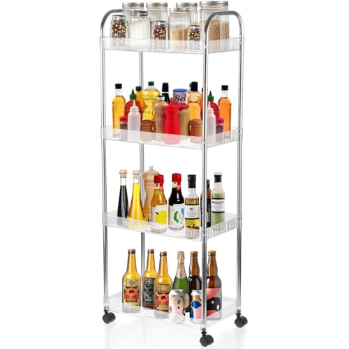 Carrito rodante de almacenamiento de 4 niveles para cocina, baño, 39 pulgadas de alto, delgado, con 4 ruedas universales con estantes de almacenamiento (acrílico)