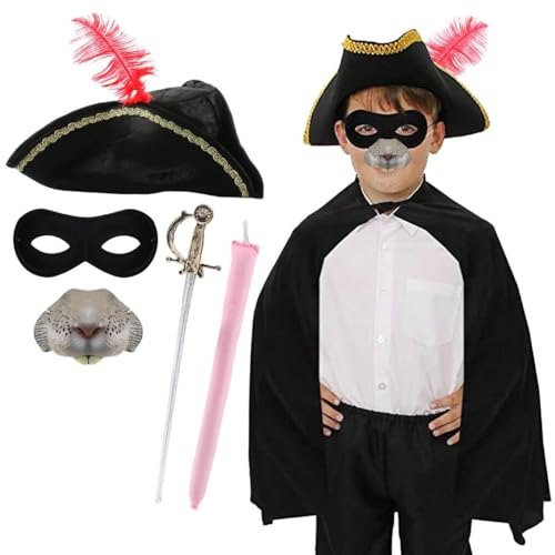 Childs Highway Rat Costume Accessory Set - Black Tricorn Hat with Red Feather Black Cape Eye Mask Mouse Nose Toy Sword and Pink Tail - Kids Storybook Character Fancy Dress for World Book Day