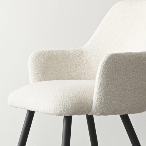 Image of Finch Fox Motel Luxurious Home Collection Upholstery Boucle Fabric Arm Dining Room Chairs in Cream Color with Black Metal Powder Coated Legs (Set of 4)