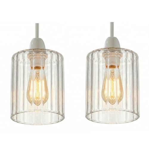 Image of 2Pack Ribbed Glass Lamp Shade 14cm Height x 10cm Diameter, Clear Fluted Light Shade Replacement, E27 Easy Fit Ceiling Pendant & Table Lamp Shade, Vintage Modern Lighting for Living Room Bedroom