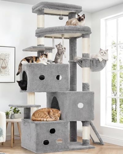 Heybly Tiragraffi per Gatti Gigante 188cm con 3 Cuccette Sovrapposte e Grande Piattaforma, Albero Tiragraffi Stabile con Sisal Naturale e Rampa, Mobile per Gatti da Interno, Grigio Chiaro HCT061W