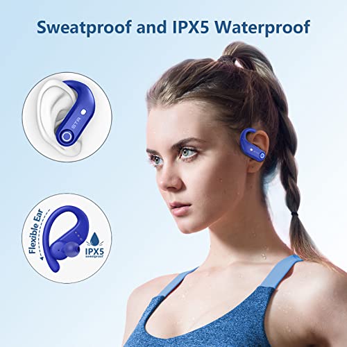 Stador Wireless Earbuds Bluetooth Headphones 4-Mics 100Hrs Playback With Ear Hook 2200Mah Wireless Charging Case Over Ear Buds Earphones For Sports Blue #TOP5