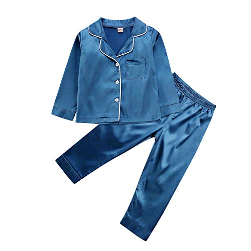Toddler Baby Kids Silk Satin Pajamas Long Sleeve Button-Down Top Pant Sleepwear Nightwear Girls Boys Pjs (Navy Blue , 3-4 Years )