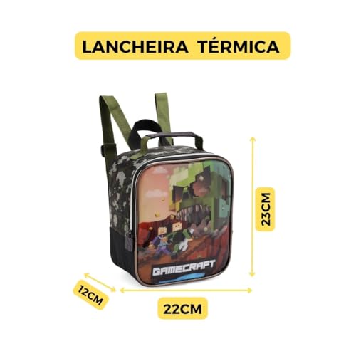 Kit Mochila Rodinha Lancheira Estojo Gamecraft Escolar