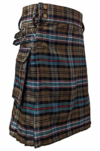 UT Kilts Men's Standard Tartan Utility Kilt, Scottish Modern Tactical Kilt with Adjustable Hip Straps & Cargo Pockets, Scottish National Weathered, 30" Waist