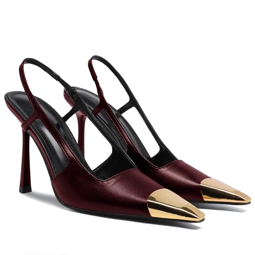 Black Slingback High Heels for Women Metal Pointed Closed Toe Stiletto Heels Patent Leather Wedding Dressy Pumps