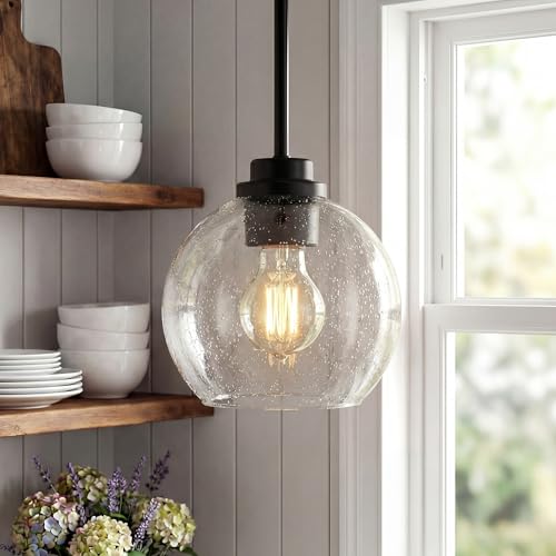 Image of 2-Pack Pendant Lights Kitchen Island, 7 inch Modern Black Hanging Lights Fixtures with Clear Seeded Glass Globe Shade, Kitchen Island Lighting for Bathroom, AD-22280-1P2-BK-S