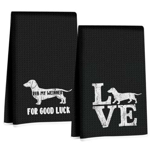 Image of 2 Pcs Funny Dachshund Kitchen Towels 24x14 Inch, Dachshund Gifts Reusable Dish Towels for Kitchen Decor, Waffle Weave Absorbent Tea Towel, Cute Weiner Dog Gifts for Women Mom Friend (Black)