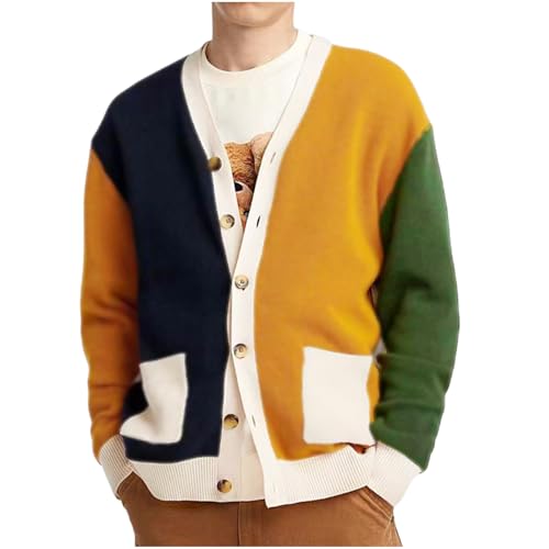 Men Color Block Cardigan Sweaters Long Sleeve V-Neck Slim Fit Casual Buttons Down Ribbed Knitted Sweater with Pockets