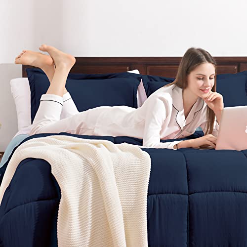 Basic Beyond Queen Size Comforter Set - Reversible Washed Microfiber Navy And Blue Comforter Queen Set - 3 Pieces (1 Comforter + 2 Pillow Shams) #TOP4