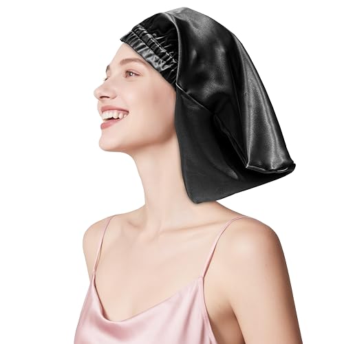 townssilk Gorro de seda para dormir, 100% seda de morera 22 Momme, para mujer, lujoso, transpirable, antideslizante y sin presión, ideal para cabello largo y rizado – black 32cm