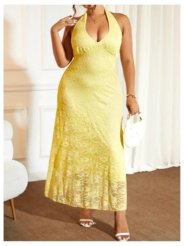 Women's Plus Size Lace Halter Dress Y2k Deep V Neck Tie Backless Sleeveless Maxi Dresses4