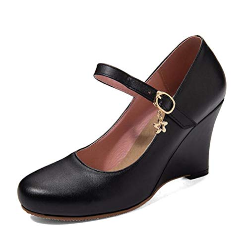 Mary Janes Chaussures de bureau élégantes à bout rond avec bride de cheville et talon compensé résistant aux chocs pour femme - - Noir 22, 42 EU Cover