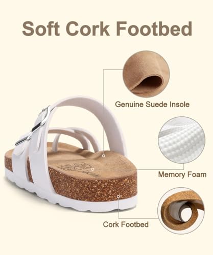 Image of KIDMI Women's Cork Footbed Sandals with Toe Loop, Comfortable Summer Slip-On Slides with Adjustable Buckle