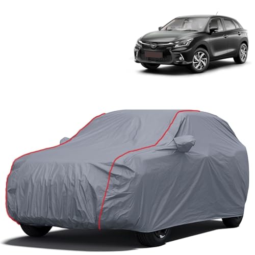 Image of GROOFOO Premium Waterproof Car Cover Compatible with Toyota Glanza, Triple Layer Protection, UV, Dust and Rain Resistant, Customized Fit with Mirror Pockets, Heavy Duty and Long Lasting (Grey Red)