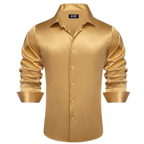 Image of Hi-Tie Men's Silk Satin Dress Shirts Long Sleeve Shiny Casual Button Up Shirts Luxury Party Disco Prom Wedding Shirt
