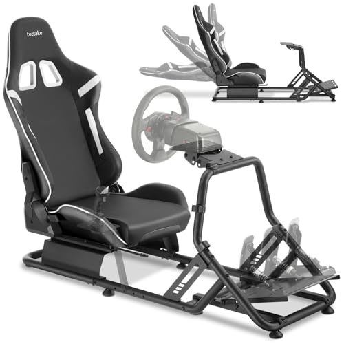 tectake Sim Racing Cockpit kompatibel mit Fanatec Logitech Thrustmaster GT-Style Rennsitz verstellbar 120 kg belastbar Gaming Stuhl Simulator ohne Lenkrad Pedale Stahlgestell - schwarz/schwarz