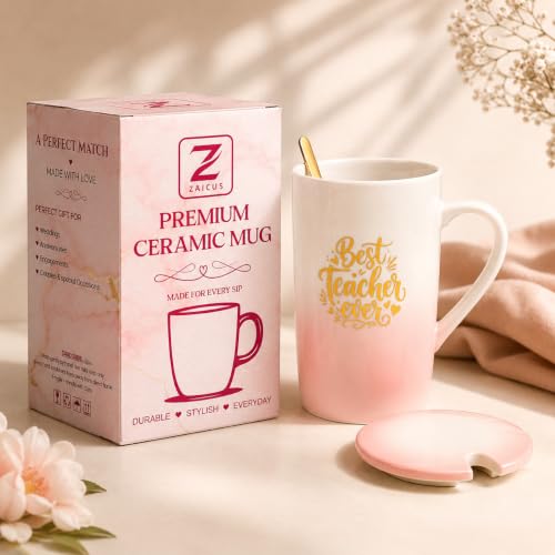 Image of ZAICUS Best Teacher Ever Coffee Mug with Lid & Spoon, Gift for Teachers | Ideal for Coffee, Tea & Daily Use | Perfect Teacher Appreciation Gift | White & Pink Gradient Design