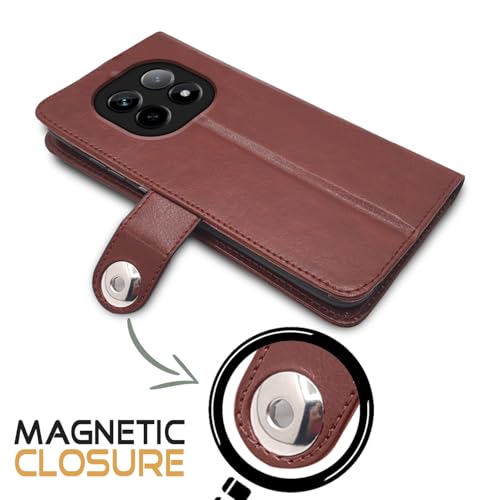 Image of Pikkme Flip Cover Leather Finish | Inside TPU with Card Pockets | Wallet Stand and Shock Proof | Complete Protection Button Flip Case for Realme P2 Pro 5G (Brown)
