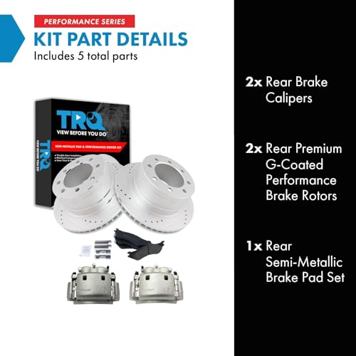Image of TRQ Rear Performance Brake Pad, Caliper, & Rotor Kit Semi-Metallic Vented Premium G-Coated Compatible with 2006-2008 Dodge Ram 1500 2003-2008 Ram 2500, 3500