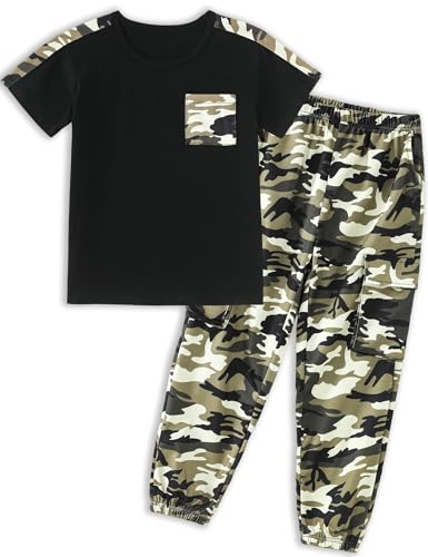 Image of mksodopy Boys Clothes Outfits Set, Camo Cargo Pants and Short Sleeve Pocket Tee 2PC Summer Tracksuit for Kids 5-16Y