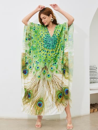 Image of KECVOT Kaftan Dresses for Women Embroidered Short Sleeve V-Neck Plus Size Caftan Bikini Swimsuit Cover-Up Long Beach Dress