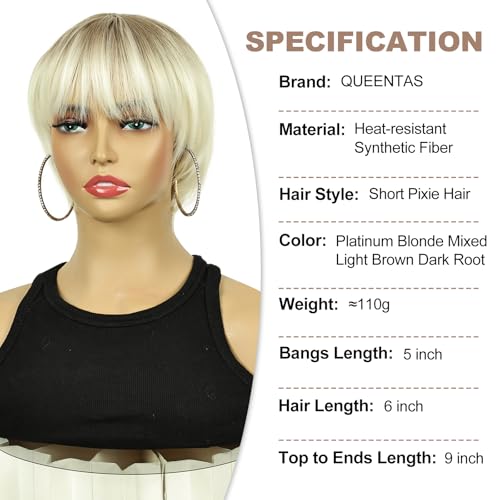 Image of QUEENTAS 8 Inch Short Blonde Pixie Cut Wig with Bangs for Women, Layered Platinum Blonde with Light Brown Dark Roots Synthetic Hair Wig for Daily Commute, Running & Cosplay
