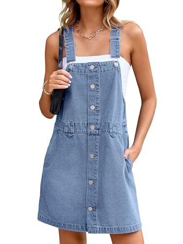 Glamaker Damen Denim Overall Kleid Jeans Ärmellos 2025 Mini Latzhose Casual Knopf Kleid mit Tasche, Hell, blau, Groß