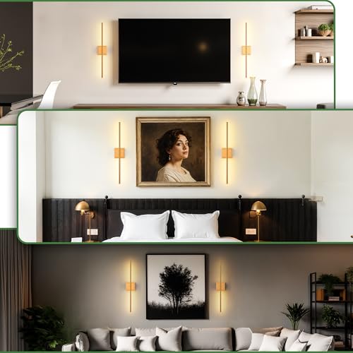 Image of DORESshop Battery Operated Wall Sconces Set of 2, Dimmable Battery Wall Sconce with Remote Control, Brass 350Rotate Rechargeable Sconces, 28.1 Inch Wireless Wall Lights for Bedroom, Living Room