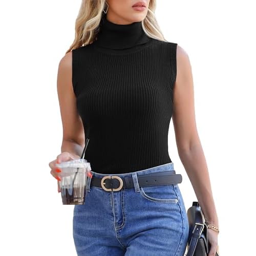 Totatuit Women's Spring Sleeveless Turtlenecks Tops Mock Neck Ribbed Solid Pullover Tank Black 3X-Large