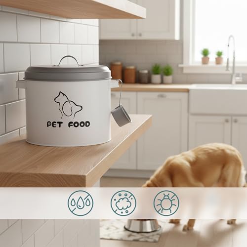 Caja para pienso de 5 litros contenedor metálico blanco con cuchara dosificadora 4