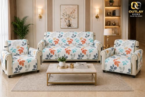 Image of Printed Quilted Sofa Mat for 5 Seater (3+1+1) - Floral Design Slipcover with Armrest, Pockets on Both Sides, Fully Covered Sofa Protector - Orange Grey