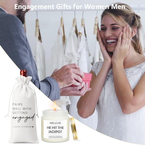 Image of Engaged Gifts Engagement Gifts for Couples Her Engagement Party Decorations | Bridal Shower Decorations Wine Gift Bag Scented Candles Set Cheers To Forever Wine Bag Smell Like He Hit The Jackpot