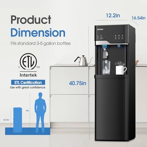 Image of 4-in-1 Self-Cleaning Water Dispenser with Ice Maker, Bottom Loading Hot & Cold Water Cooler for 3 or 5 Gallon Bottle - Includes Child Safety Lock & Nightlight - 22LBS /Day Ice Making, Black