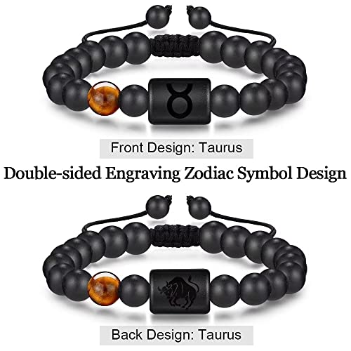 Astrology Taurus Gifts For Men Bracelets, 8Mm Natural Black Matte Agate Stone Handmade Blue Tiger Eye Adjustable Beads Bracelets Zodiac Constellation Taurus Stretch Bracelet Men Jewelry Birthday Gifts #TOP3