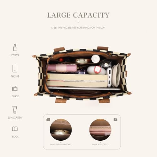 Checkered Crossbody Bag for Women,Canvas Work Tote Handbags Checkered Purse Black and White Purse with Top-handle 20254