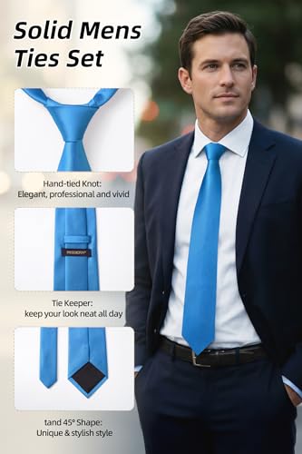 Image of HISDERN Mens Ties Solid Color Ties for Men Formal Necktie with Pocket Square Set Satin Silk Neck Tie Handkerchiefs Set