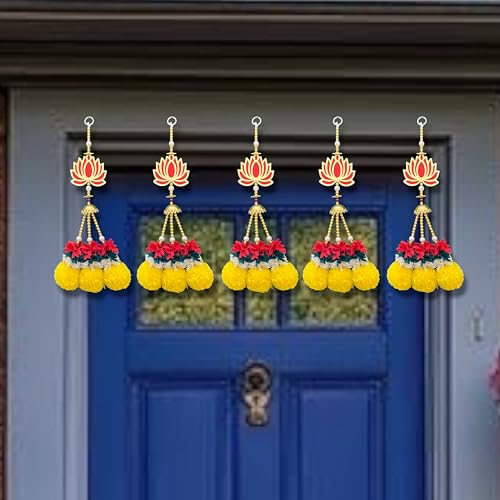 Image of Rajasthan Kraft Handmade Pack of 5 Marigold Hanging with Beads Gajra Bell Bowl Artificial Flower Door & Wall Decor for Makar Sankranti, Lohri, Wedding & Festive Home Decoration 15 x 3 Inch (RK-H150-5)