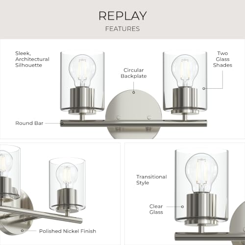 Image of Progress Lighting Replay 13 Inch 2-Light Vanity Light, Transitional, Polished Nickel with Clear Glass Shades, (7.875 inch H x 13 inch W x 6 inch D), P300582-104