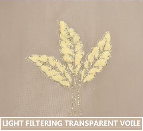 Image of IVAZA Polyester Semi-Transparent Leaf Embroidered Curtain ? Sheer Voile Panel with Eyelets ? Lightweight & Airy ? Ideal for Living Room, Bedroom, Balcony Long Door- 9 Feet (Pack of 2) Beige