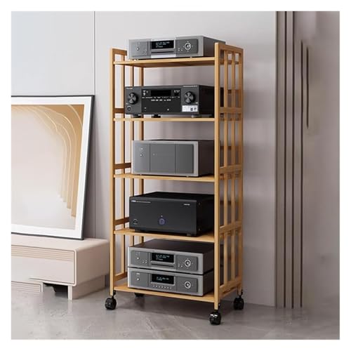 5 Tier Stereo Cabinet Furniture with Adjustable Shelf, Large Capacity Bamboo Media Storage Rack, Corner Bookshelf for Office/Home Theater(W-55CM)