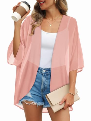 Womens Kimono Cardigans Beach Cover ups Swimwear Puff Sleeve Loose Casual Summer Tops (Light Pink,L)