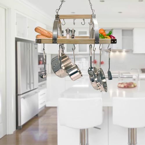 Elegant Designs PR1001-WOD 2 Light Kitchen Wood Pot Rack With Downlights, Wood With Brushed Nickel Accents thumb #3