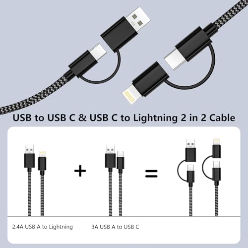 Multi Charger Cable 2M, 4 in 1 Charging Cable Braided Multiple Charger Cable Lead 60W Fast Charge USB A/USB C to Lightning Cable, USB A/USB C to USB C Cable for iPhone, iPad, Samsung, Android, Xiaomi