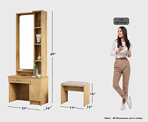 Image of Bniture Wooden Dressing Table For Bedroom With 1 Drawer, Mirror And Huge Storage Space With Stool | Long Dresser Vanity Table With Mirror(40D X 68W X 175H Cm) (Giant Wood), White