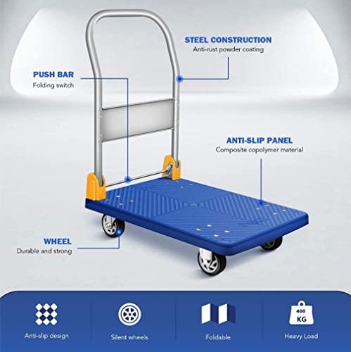Image of GOBBLER Steel, Poly Propylene Portable Platform Trolley Cart for Lifting Heavy Weight, 400 Kg Capacity Dolly Push Cart, Blue Color (GB TR 400)
