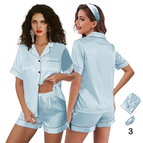 Image of 3Pcs Silk Pajamas XS-4XL Womens Satin Pajama Short Floral Sleepwear Bride Soft Pj Lounge Sets Pjs Shorts Set