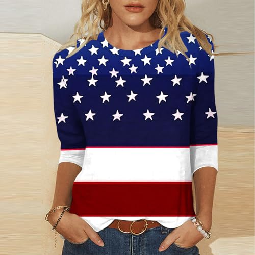 Image of Fourth of July Shirts for Women 3 /4 Sleeve Summer Tops American Flag Print T Shirt Patriotic 4th of July Shirts 2025